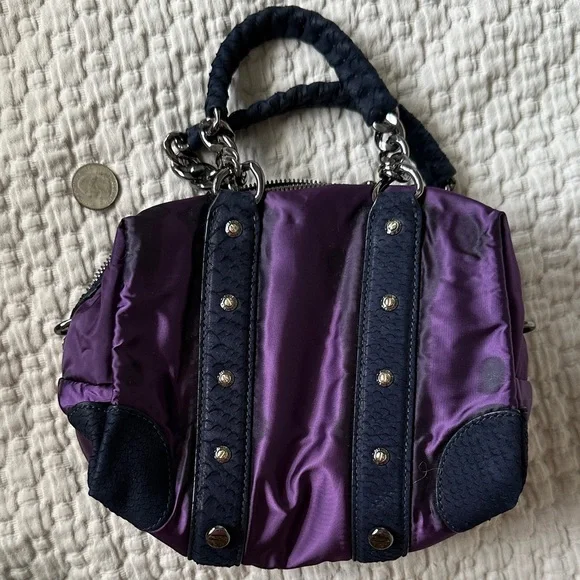 Henri Bendel Purple satin bag with Navy Blue and silver accents - Picture 15 of 16